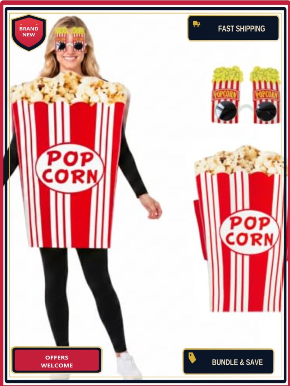 Adult Popcorn Costume Set Polyester Tunic Novelty Sunglasses Halloween Cosplay